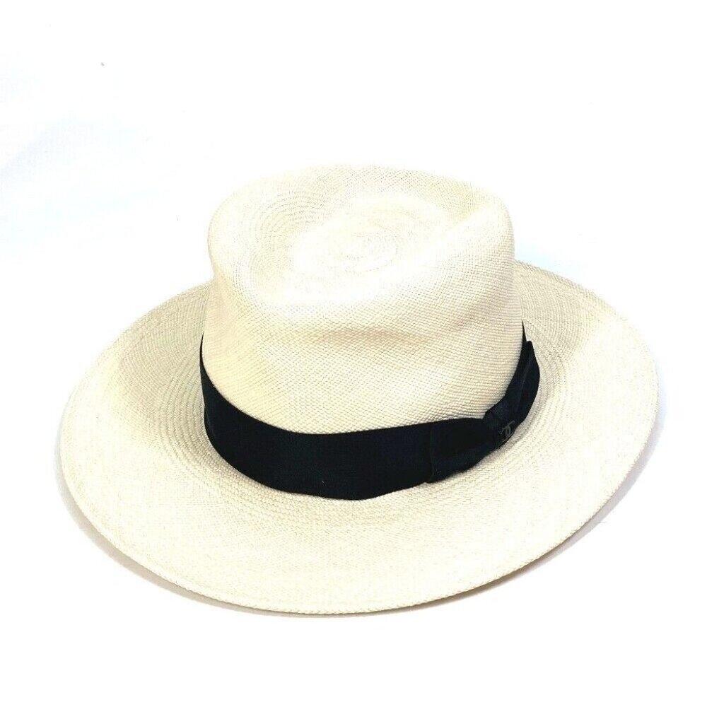 CHANEL CC CC Mark Grosgrain Ribbon 19V hat straw hat straw Beige/Black - Picture 4 of 9